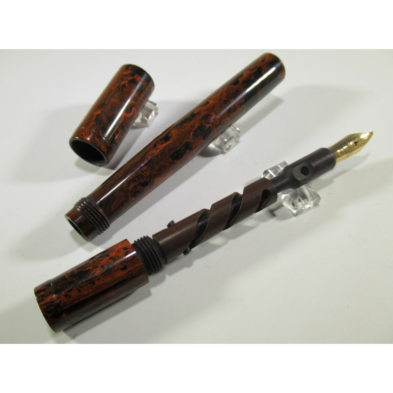Stylo Plume Vintage CELTIC Avec Plume Or 18 Carats - Ébonite Marbré Rouge Orangé